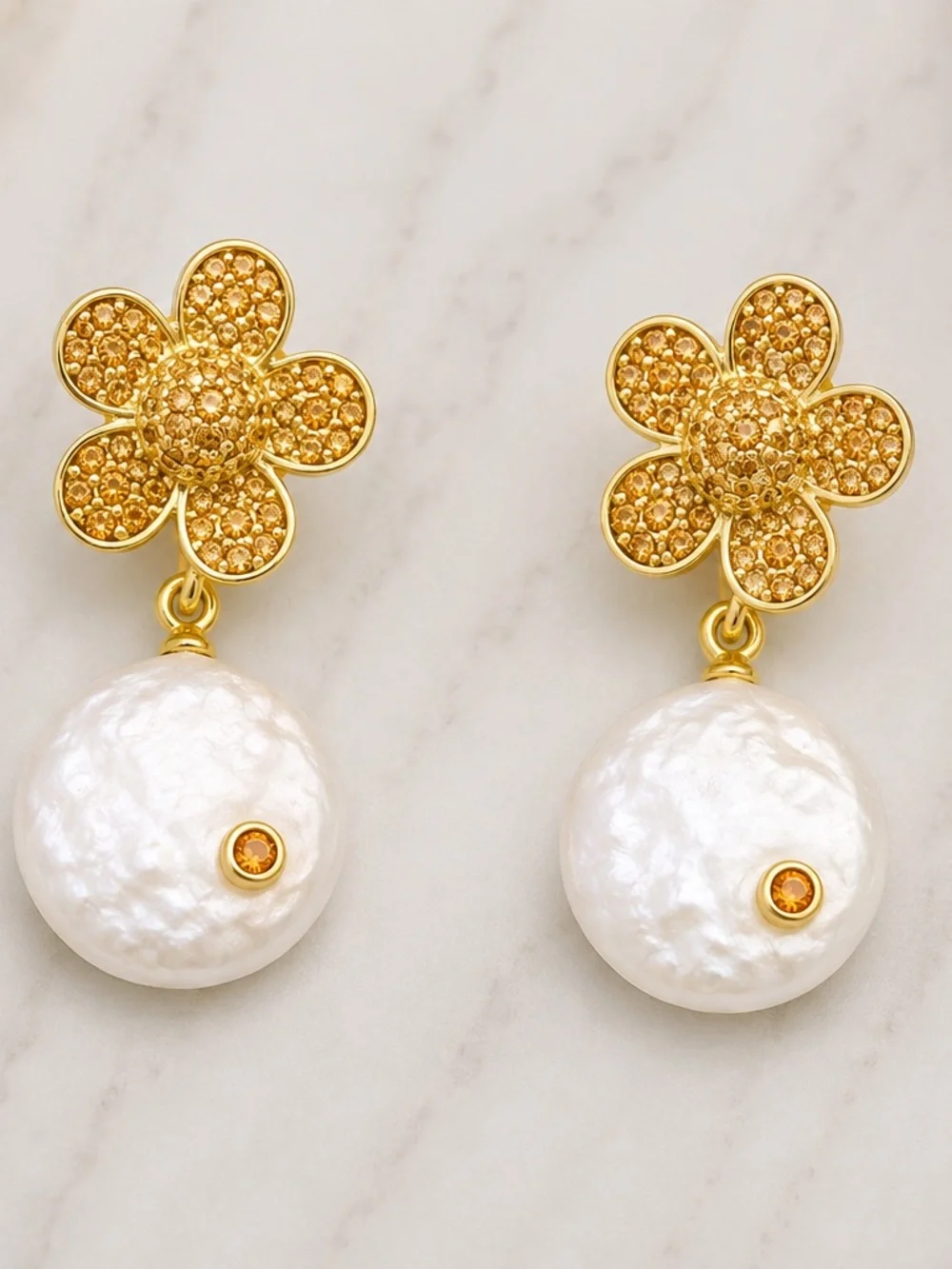 Goldfilled  Flower Pearl Drop Earrings - Women Jewelry